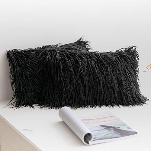 Product Cover MIULEE Pack of 2 Decorative New Luxury Series Style Black Faux Fur Throw Pillow Case Cushion Cover for Sofa Bedroom Car 12 x 20 Inch 30 x 50 cm
