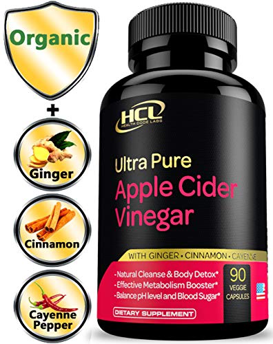 Product Cover Organic Apple Cider Vinegar Capsules with Mother - 1000 mg Extra Strength Raw Apple Cider Pills with Ginger Cayenne Cinnamon - Natural Detox Potent Digestion Cleansing System