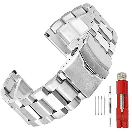 Product Cover Brush Matte Finish Metal Watch Band Stainless Steel Bracelet Straps 18mm/20mm/22mm/24mm Double Buckle Black or Silver