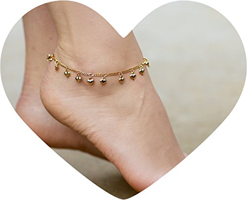 Product Cover Lifetime Jewelry Ankle Bracelets for Women and Teen Girls [ Dangling Charm Hearts 24k Plated Gold Anklet ] Cute Foot Chain for Beach Wedding or Party - Free Lifetime Replacement Guarantee 9 10 11 inch