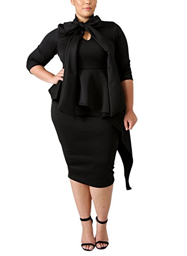 Product Cover LALAGEN Women's Plus Size Long Sleeve Peplum Tie Neck Bodycon Pencil Midi Dress