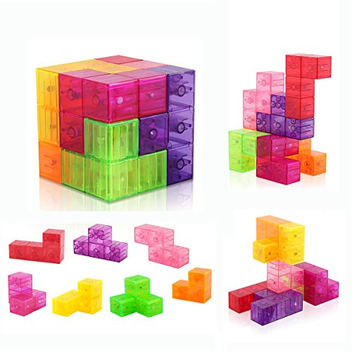 Product Cover D-FantiX Magnetic Tetris Puzzle Cube Magnetic Building Blocks 7Pcs/Set Square 3D Brain Teaser for Kids with 54pcs Puzzle Cards( Cube Size 2.36in)