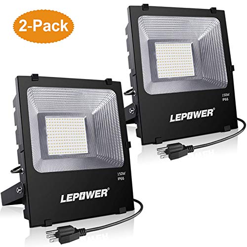 Product Cover LEPOWER 2 Pack 150W LED Flood Light Outdoor, 11000lm Super Bright Work Lights with Plug, 6000K White Light, IP66 Waterproof Outdoor Floodlights Fixtures for Garage, Playground, Basketball Court,Yard