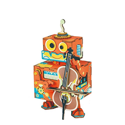 Product Cover ROBOTIME 3D Puzzle DIY Wooden Music Box Toy - Robot Model Kits to Build - Movable DIY Puzzle Kits Perfect Birthday for Women and Girls Age 14+(Little Performer)