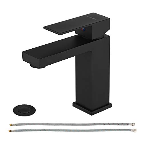 Product Cover EZANDA Brass Single-Handle Bathroom Sink Faucet with Escutcheon, Pop Up Drain Stopper & Water Supply Hoses, Matte Black, 14253