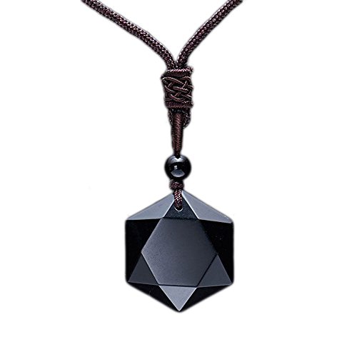 Product Cover MENGLINA Black Obsidian Hexagram Natural Stone Necklace Translucent Ice Obsidian Wolf Tooth Amulet His and Hers Couples Necklace Lucky Love Pendant Necklace for Men Women