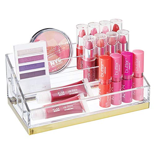 Product Cover mDesign Plastic 4 Tier Cosmetic Palette Organizer with 4 Compartments for Bathroom Vanity, Countertop or Cabinet to Hold Makeup, Lipstick, Eyeliner, Beauty Accessories - Clear/Soft Brass
