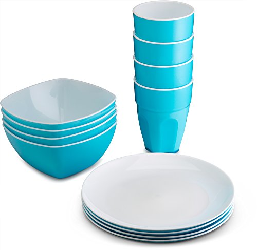 Product Cover PLASTI HOME Reusable Plastic Dinnerware Set (12pcs) - Ideal for Kids. Fancy Hard Plastic Plates, Bows & Cups in Blue Colors - Microwaveable & Dishwasher Safe Flatware & Tumblers for Daily Use