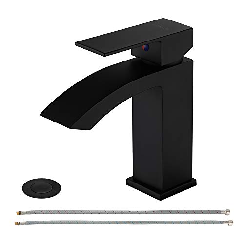 Product Cover EZANDA Brass Waterfall Bathroom Faucet with Extra Large Rectangular Spout, Deck Plate, Pop-up Drain Assembly & Water Supply Hoses Included, Matte Black, 14254