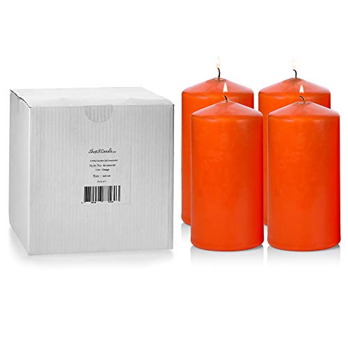 Product Cover Light In The Dark Orange Pillar Candles - Set of 4 Unscented Candles 6 inch Tall, 3 inch Thick - 36 Hour Clean Burn Time - Best Halloween/Fall Candles
