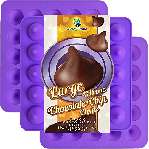 Product Cover Large Chocolate Chip Mold Silicone 3 Pack - Kisses Shaped Premium Grade Lfgb Fda Silicone Molds ~ Big Chocolate Kiss shape - Make 75 Kisses with these Candy Molds ~ Make Non Dairy & Sugar Organic
