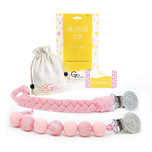 Product Cover Teething Pacifier Clips Pink - BPA Free Silicone Beaded Binky Holder & Soft Chewable Braided Cotton Teether Toy Leash Baby Shower Gift (Pink)