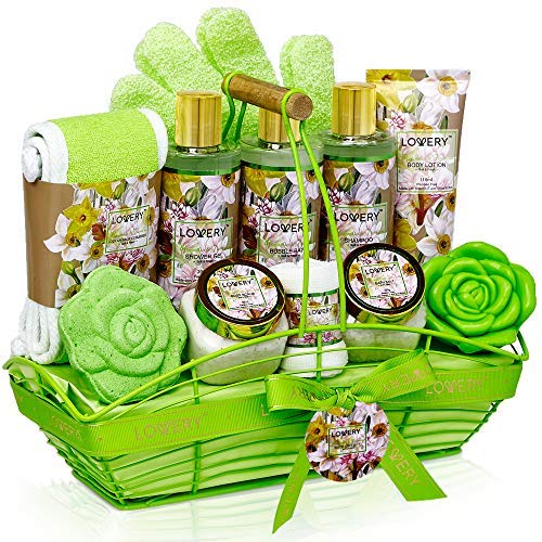 Product Cover LOVERY Bath and Body Gift Basket For Women & Men â'¬â€œ Magnolia and Jasmine Home Spa Set, Includes Fragrant Lotions, Bath Bomb, Towel, Shower Gloves, Green Wired Bread Basket and More - 13 Piece Se