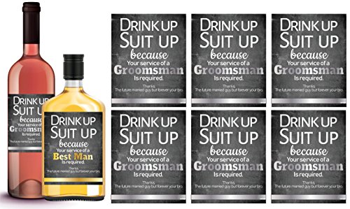 Product Cover 6 Will You Be My Groomsman + 1 BONUS Best Man Proposal Wine Labels or Liquor Labels, Whisky, Vodka, Rum, Beer Bottle Labels or Stickers set, Groomsmen Party Favors, Party Decorations. Proposal