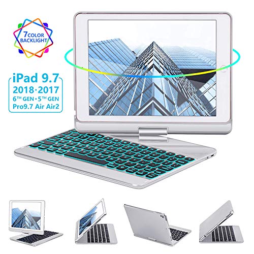 Product Cover iPad Keyboard Case 9.7 for iPad 2018 (6th Gen) - 2017(5th Gen) - iPad Pro 9.7 - Air 2 & 1, 360 Rotate 7 Color Backlit Wireless/BT iPad Case with Keyboard, Auto Sleep Wake, 9.7 inch, Silver