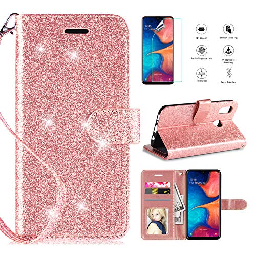 Product Cover Casekey for Samsung Galaxy A10e Case,Galaxy A10e Phone case w Screen Protector Kickstand Card Slots Wrist Strap Magnetic Flip PU Leather Glitter Protective Wallet Case,Rosegold