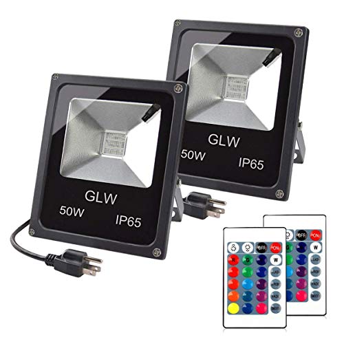 Product Cover GLW LED RGB Flood Light, 50W Outdoor Color Changing Lights with Remote Control, IP65 Waterproof Dimmable Wall Washer Light, Flood Lamp 16 Colors 4 Modes with US 3-Plug(2 Pack)