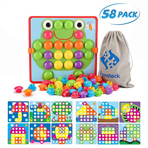 Product Cover Fansteck Button Art Toy for Toddlers, Color Matching Early Learning Educational Mosaic Pegboard , Safe Nontoxic ABS Plastic Premium Material, 12 Pictures and 46 Buttons ,with a Bag Easy to Storag