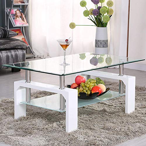 Product Cover Mecor Rectangle Glass Coffee Table-White Modern Side Coffee Table with Lower Shelf Wooden Legs-Suit for Living Room