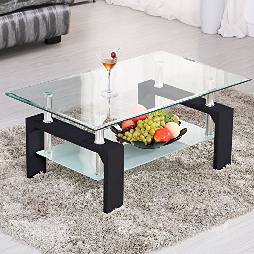 Product Cover Mecor Rectangle Glass Coffee Table-Modern Side Coffee Table with Lower Shelf Black Wooden Legs-Suit for Living Room