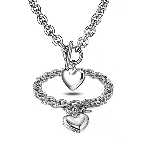 Product Cover Heart Pendant Necklace and Bracelet Chain Stainless Steel Silver Drop White Jewelry Set