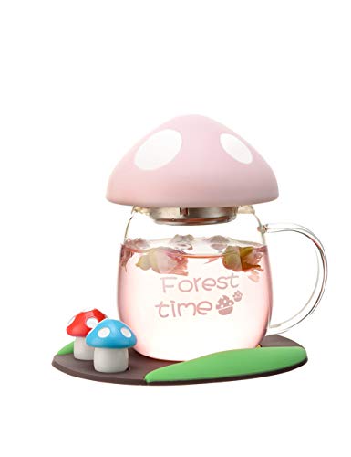 Product Cover BZY1 Tea Mug Glass Cup With Strainer & Lid Portable Teacup Heat Resistant Mushroom Cup Design Cute and Practical Kids Cup Girly Gift 280ML PINK