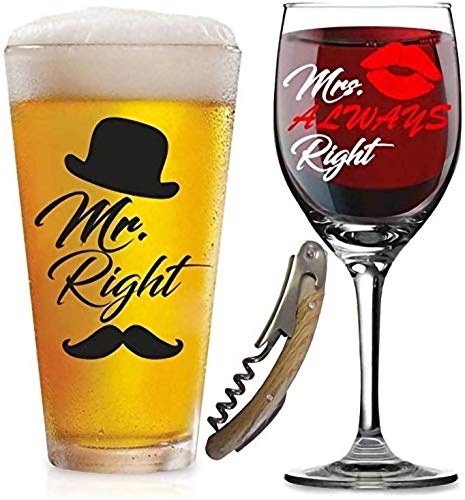 Product Cover Mr. Right and Mrs. Always Right Glasses -with FREE Bottle Opener - Funny Wedding Gifts - For Engagement, Couples, Anniversary, Birthday, Newlyweds, Novelty and Bridal Shower - with Prestigious Package