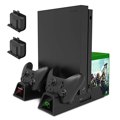 Product Cover Charging Stand for Xbox One/Xbox One S/Xbox One X Console and Controllers, Vertical Cooling Stand Accessories with 2 Cooling Fans,600 mAh Batteries 2 Pack,LED Indicators and Games Storage