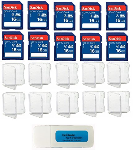 Product Cover SanDisk 16GB SDHC Class 4 (10 Pack Bundle) Flash Memory Card SDSDB-016G-B35 Retail - with (10) SD Plastic Jewel Cases and (1) Everything But Stromboli (tm) Combo SD/TF Card Reader