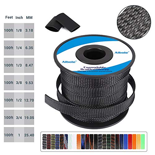 Product Cover Flexo PET Expandable Braided Cable Sleeve 1/2 inch Braided Wire Loom, Cable Sleeving for HDMI Cable 100FT Automotive Wire,PureBlack