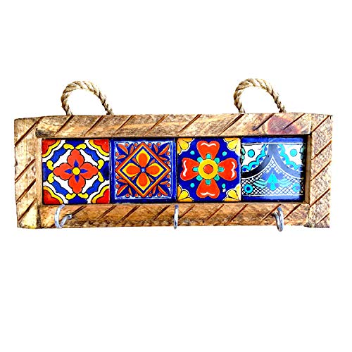 Product Cover Casa Fiesta Designs Mexican Key Holder with Metal Hooks and Colorful Talavera Tiles - Mexican Style - Talavera Wall Art - Mexican Home Decor - Assorted Tiles - Portallaves Multi 4 Azulejos