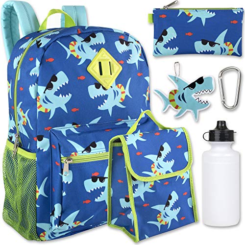 Product Cover Boy's 6 in 1 Backpack Set With Lunch Bag, Pencil Case, Bottle, Keychain, Clip (Sharks)