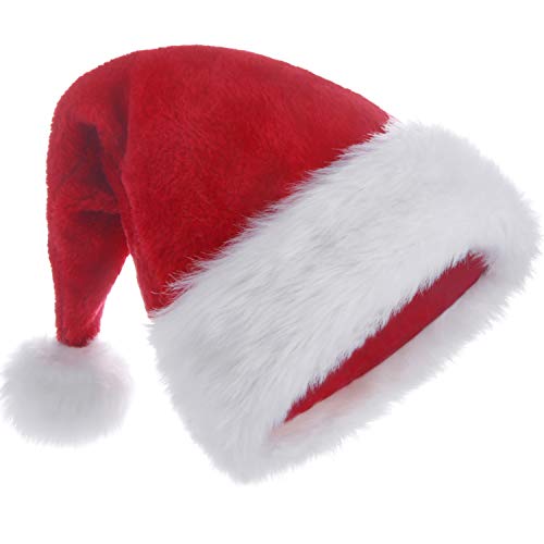 Product Cover HUICOCY Santa Hat,Unisex Velvet Fabric Christmas Hat with Comfort Lining&Plush Brim Red