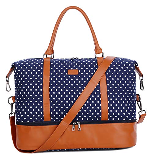 Product Cover BAOSHA HB-28 Ladies Women Canvas Travel Weekender Bag Overnight Carry-on Shoulder Duffel Tote Bag (Blue Dots with Shoe Compartment)