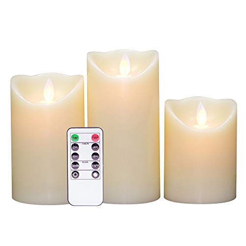 Product Cover DRomance Moving Wick Flameless Candles Battery Operated with Remote and Timer, Set of 3 Real Wax Smooth LED Flickering Candles Warm Light Christmas Decoration(Ivory, 3 x 4-6 Inches)