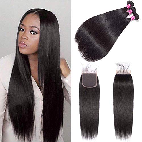 Product Cover Gabrielle Straight Brazilian Hair Bundles With Closure (20 22 24+18 Inch)100% Unprocessed Brazilian Virgin Human Hair Straight 4x4 Part Lace Closure Hair Weave Natural Color