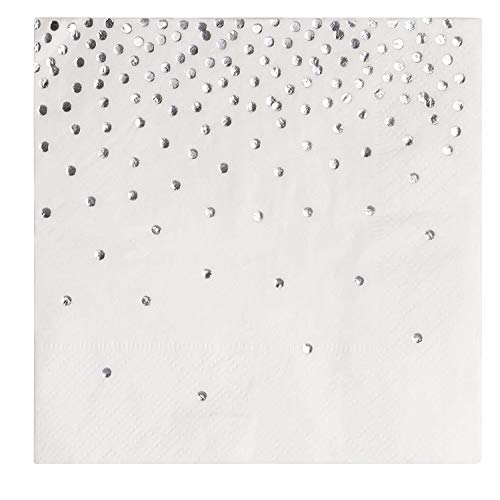 Product Cover Silver Cocktail Napkins - 100-Pack Disposable Napkins with Silver Foil Polka Dot Confetti, 3-Ply, Wedding Party Supplies, Folded 5 x 5 Inches
