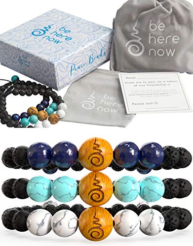 Product Cover Set of 3 Boho Beaded Anxiety Bracelets for Women, Men, Kids | Braclets with Lapis Lazuli, Blue & White Howlites, Lavarock, Sandalwood. Gift Box. Gift Card + Extra Satin Bag