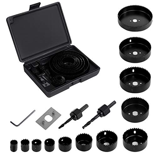 Product Cover Hole Saw Kit, EONLION 16 Pieces 3/4 inches-5 inches Set in Case with Mandrels, Super Sharp Saw blade, Install Plate and Hex Key for Sawing Holes in Normal Wood, Plywood, Drywall, PVC and Plastic Plate
