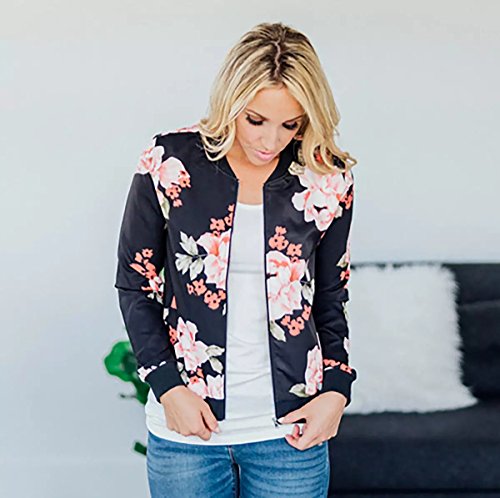 Product Cover Spring and Fall Floral Bomber Jacket for Women Long Sleeve Short Zipper Jacket with Pockets
