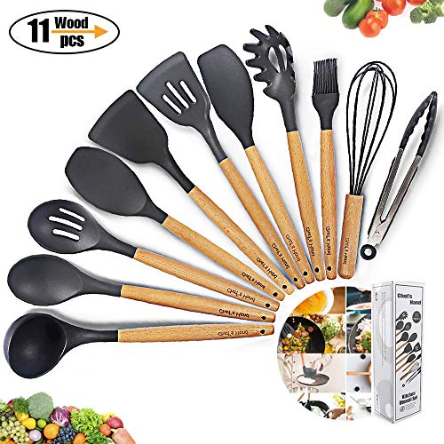 Product Cover Kitchen Utensil Set Silicone Cooking Utensils 11Piece - Cooking Utensils Set with Bamboo Wood Handles for Nonstick Cookware,FDA approved, Non Toxic Turner Tongs Spatula Spoon Set.-Chef's Hand