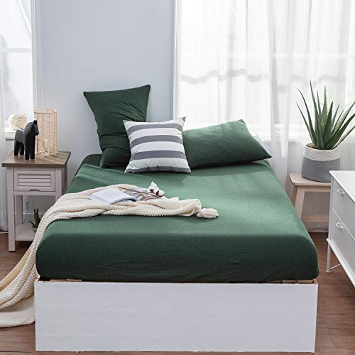 Product Cover LIFETOWN Jersey Knit Cotton Fitted Sheet Queen, 1 Fitted Sheet and 2 Pillowcases, Extra Deep Pocket Fitted Bottom Sheet, Ultra Soft and Easy to Put (Queen, Dark Green)