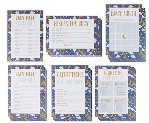 Product Cover Baby Shower Game Card Packs - 5-Set Party Activity Supplies for 50 Guests, Including Bingo, Word Scramble, and Well Wishes, Moon, Clouds, and Stars Design, 50 Sheets, 5 x 7 Inches