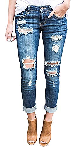 Product Cover Wisptime Women Jeans Skinny Ripped Distressed Jeans Stretch Pants Boyfriend Trousers