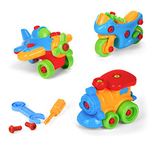 Product Cover Build a Motorcycle, Airplane and Train, Take Apart DIY Montessori Educational Toy, Skill Learning Puzzle, Little Mechanic, with Screwdriver and Wrench