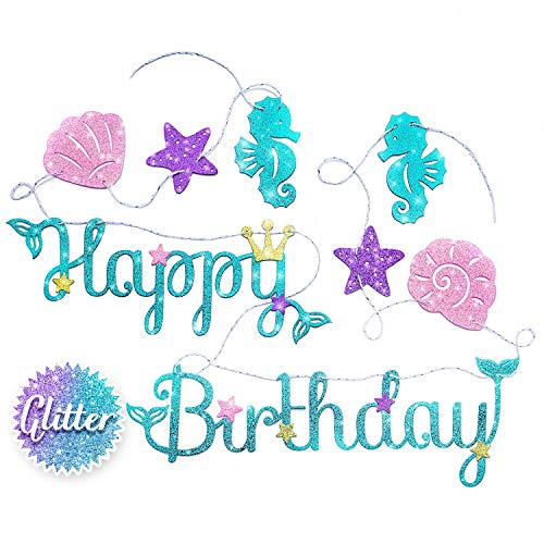 Product Cover Mermaid Happy Birthday Banner - Mermaid Party Supplies Decorations | PREMIUM Under the Sea Mermaid Birthday Party Decor Theme | NEW for 2019, Cute, Sparkle Glitter, and Pre-assembled!