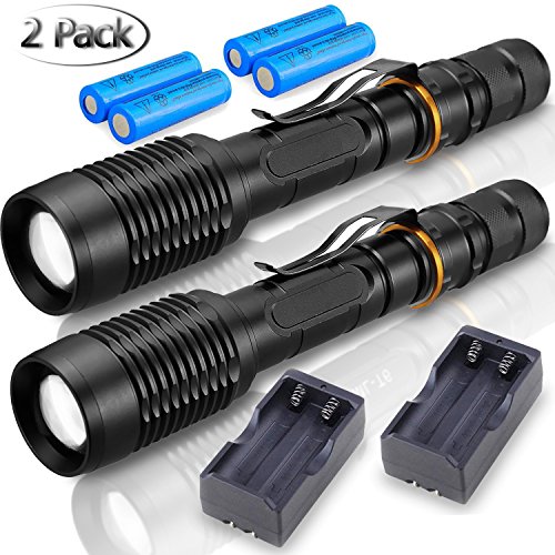 Product Cover 20000 Lumen Brightest LED Tactical Flashlights (2 PACK), Ultra Bright Professional Military Torch Light 5 Mode Adjustable Brightness Waterproof LED Flashlight with Battery Charger (Black)