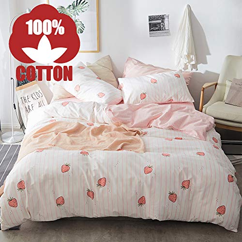 Product Cover AOJIM Cute Strawberry Duvet Cover with Two Pillowcases Funny Patterns Kawaii Printing Bedding Set Queen Size 3 pcs Gift for Her/Girls/Women