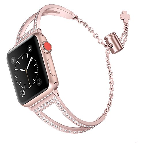 Product Cover Secbolt Bling Bands Compatible with Apple Watch Band 38mm 40mm iWatch Series 5/4/3/2/1, Women Dressy Metal Jewelry Bracelet Bangle Wristband Stainless Steel, Rose Gold