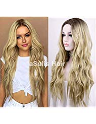 Product Cover aSulis Hair Ash Blonde: Asulis Natural Long Wavy Curly Wig Dark Roots Ombre Ash Blonde Wig Middle Parting Synthetic Replacement Wig 28